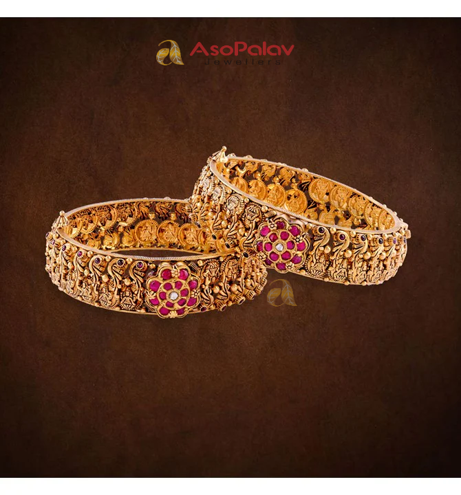 22K Regal Antique Gold Bangles with Polki Stone Work